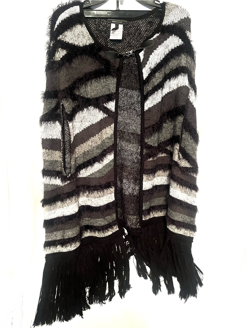 BCBGMAXAZRIA L/XL Fringe Striped Draped Cardigan Poncho Boho Y2K